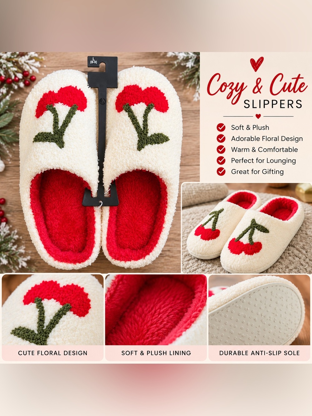 Cozy Floral Slippers – Cream & Red – Size Large 8–9 – NEW